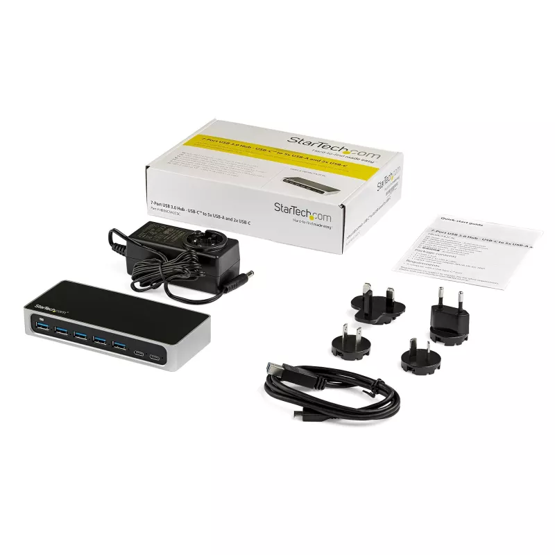StarTech.com 7 pordiga USB-C-jaotur kiirlaadimispordiga - USB-C 5-le USB-A-le ja 2-le USB-C-le (USB 3.0 SuperSpeed 5 Gbit/s) - toiteadapteriga USB 3.2 Gen 1 USB-C jaotur - laua-/sülearvutijaotur