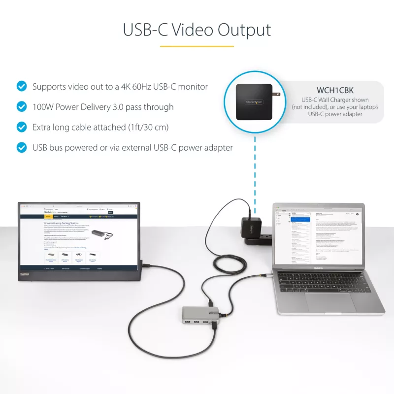 StarTech.com 4-pordiline USB-C jaotur USB-C DP Alt Mode videoväljundiga 4K 60Hz - 3x USB-A, 1x USB USB-C, 100W Power Delivery läbiv, USB 3.2 10Gbps, 30cm kaabel, kaasaskantav USB-jaotur