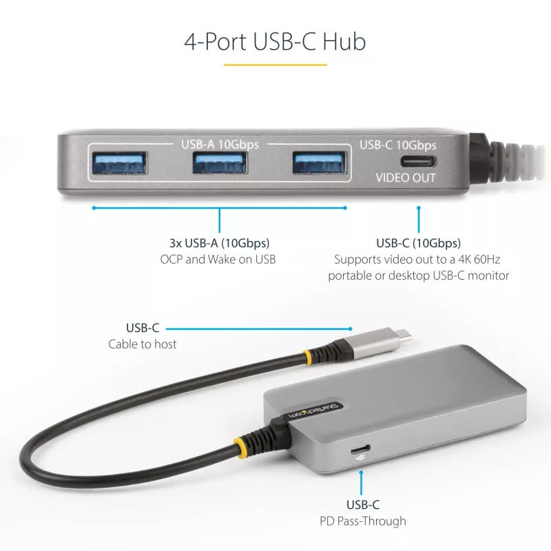 StarTech.com 4-pordiline USB-C jaotur USB-C DP Alt Mode videoväljundiga 4K 60Hz - 3x USB-A, 1x USB USB-C, 100W Power Delivery läbiv, USB 3.2 10Gbps, 30cm kaabel, kaasaskantav USB-jaotur