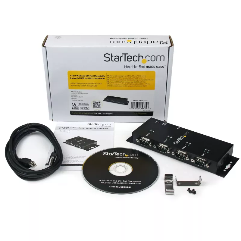 StarTech.com 4-pordiline USB-DB9 RS232 jadaadapteri jaotur – tööstuslik DIN-liistule ja seinale kinnitatav