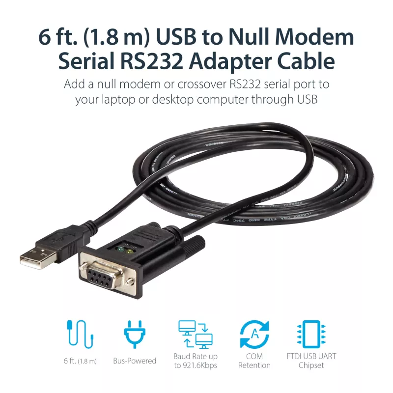StarTech.com 1,8m 1-pordiline USB-RS232 seeriaadapter, FTDI DB9 seeria DCE-adapterkaabel, nullmodem, USB 2.0 - TAA