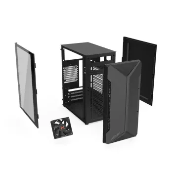 PC-korpus KRUX Astro Cube Must — kuubikkorpus, toetab micro ATX/mini‑ITX, 1×3,5-tolline + 2×2,5-tollised pesad, külgaken, max PSU 28 cm, max jahuti kõrgus 136 mm