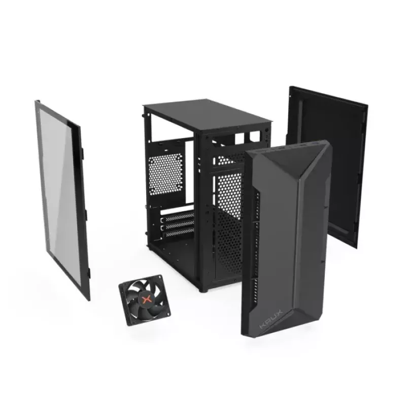 PC-korpus KRUX Astro Cube Must — kuubikkorpus, toetab micro ATX/mini‑ITX, 1×3,5-tolline + 2×2,5-tollised pesad, külgaken, max PSU 28 cm, max jahuti kõrgus 136 mm