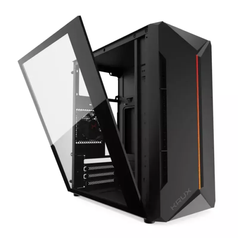 PC-korpus KRUX Astro Cube Must — kuubikkorpus, toetab micro ATX/mini‑ITX, 1×3,5-tolline + 2×2,5-tollised pesad, külgaken, max PSU 28 cm, max jahuti kõrgus 136 mm