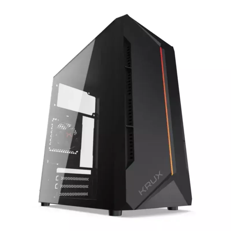 PC-korpus KRUX Astro Cube Must — kuubikkorpus, toetab micro ATX/mini‑ITX, 1×3,5-tolline + 2×2,5-tollised pesad, külgaken, max PSU 28 cm, max jahuti kõrgus 136 mm