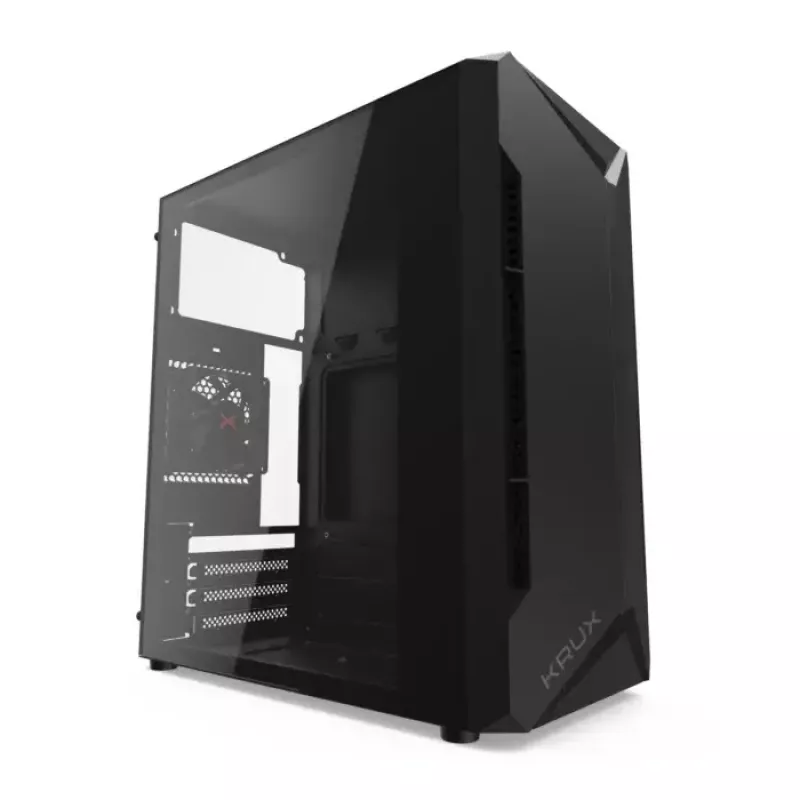 PC-korpus KRUX Astro Cube Must — kuubikkorpus, toetab micro ATX/mini‑ITX, 1×3,5-tolline + 2×2,5-tollised pesad, külgaken, max PSU 28 cm, max jahuti kõrgus 136 mm