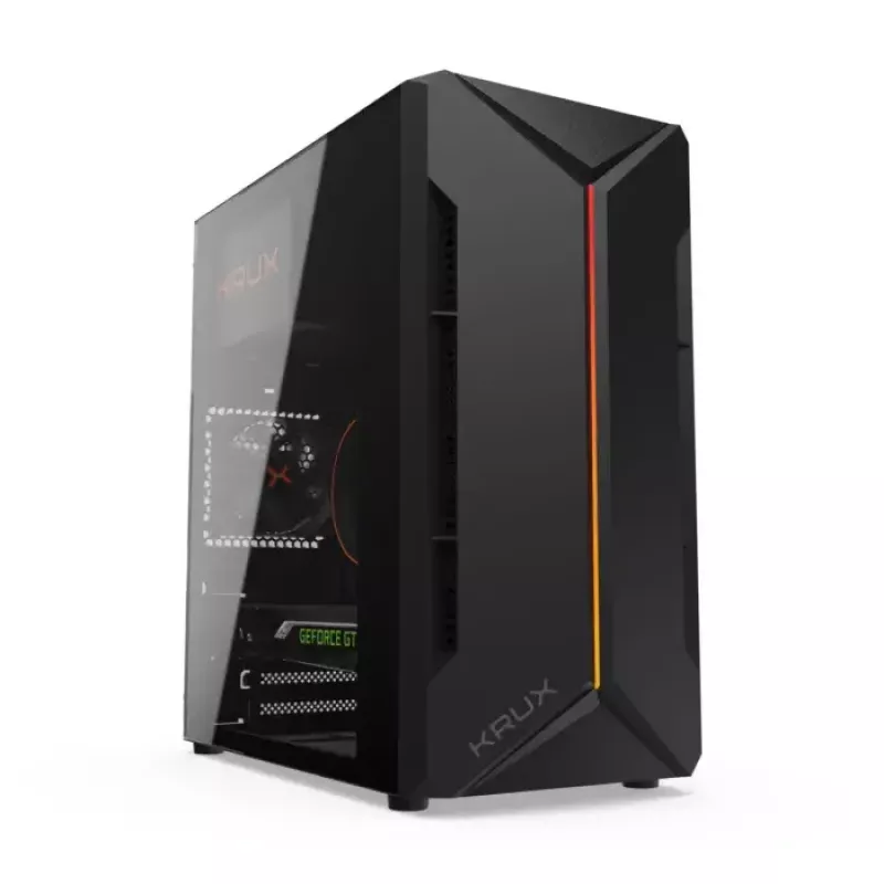 PC-korpus KRUX Astro Cube Must — kuubikkorpus, toetab micro ATX/mini‑ITX, 1×3,5-tolline + 2×2,5-tollised pesad, külgaken, max PSU 28 cm, max jahuti kõrgus 136 mm