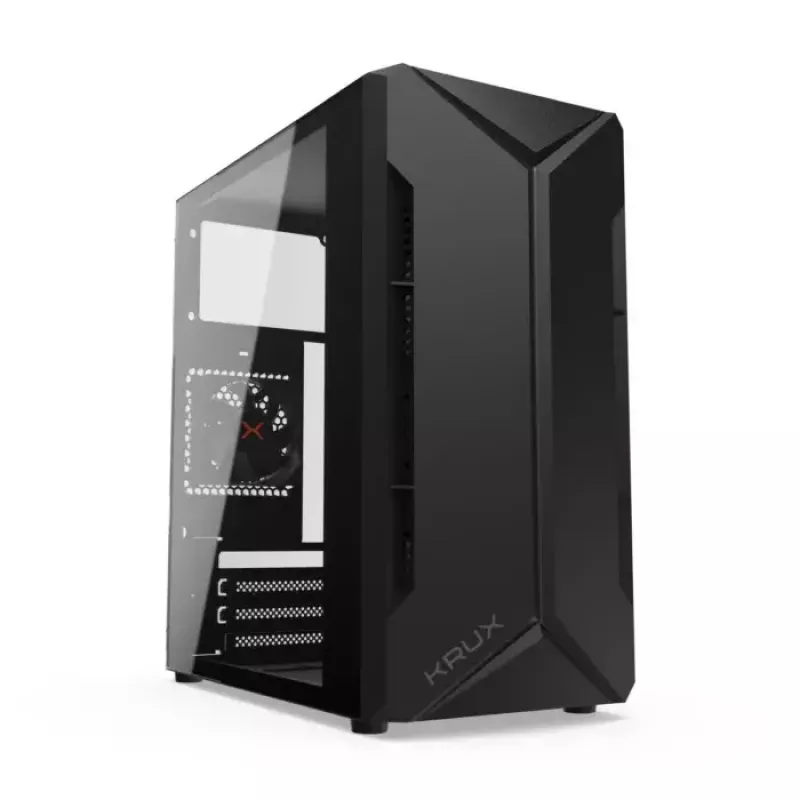 PC-korpus KRUX Astro Cube Must — kuubikkorpus, toetab micro ATX/mini‑ITX, 1×3,5-tolline + 2×2,5-tollised pesad, külgaken, max PSU 28 cm, max jahuti kõrgus 136 mm