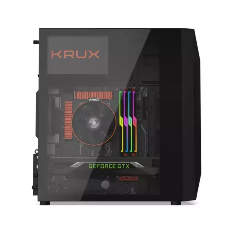 PC-korpus KRUX Astro Cube Must — kuubikkorpus, toetab micro ATX/mini‑ITX, 1×3,5-tolline + 2×2,5-tollised pesad, külgaken, max PSU 28 cm, max jahuti kõrgus 136 mm