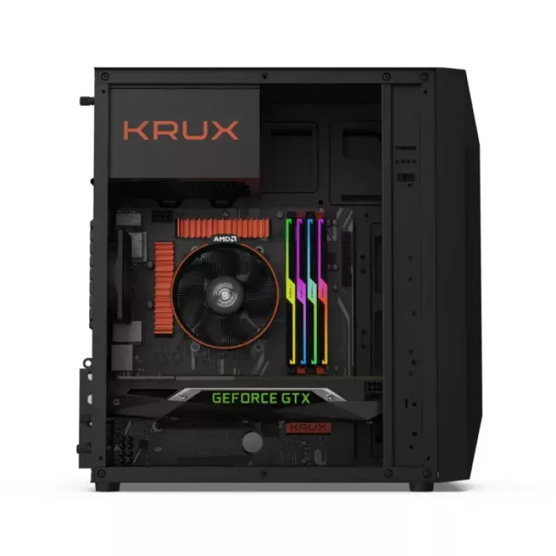 PC-korpus KRUX Astro Cube Must — kuubikkorpus, toetab micro ATX/mini‑ITX, 1×3,5-tolline + 2×2,5-tollised pesad, külgaken, max PSU 28 cm, max jahuti kõrgus 136 mm