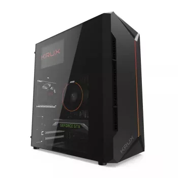 PC-korpus KRUX Astro Cube Must — kuubikkorpus, toetab micro ATX/mini‑ITX, 1×3,5-tolline + 2×2,5-tollised pesad, külgaken, max PSU 28 cm, max jahuti kõrgus 136 mm