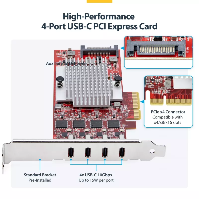 StarTech.com 4-pordiline USB USB-C PCIe kaart, USB 3.2 10Gbps, USB-C PCI Express laienduskaart, 4x sõltumatut USB-kontrollerit, Windows/Linux/macOS, TAA-le vastav