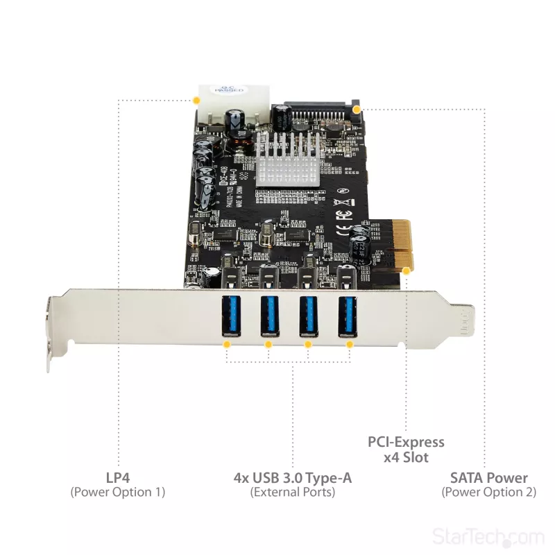 StarTech.com 4 pordiga USB 3.0 PCIe kaart, 4 pühendatud 5 Gbps kanaliga (USB 3.1 Gen 1) – UASP – SATA / LP4 toide – PCI Express adapterkaart