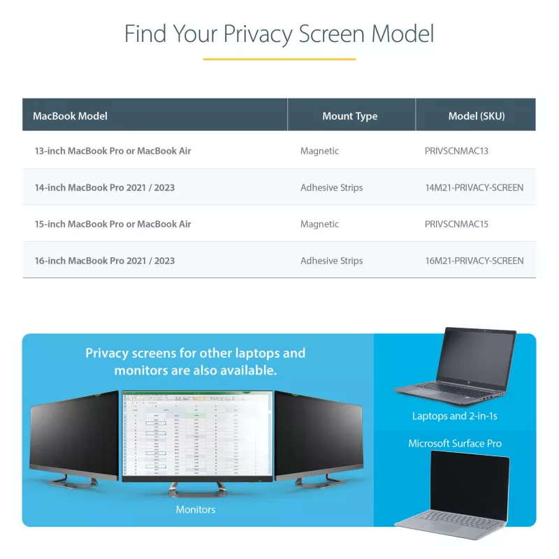 StarTech.com sülearvuti privaatsusfilter 13-tollisele MacBook Pro'le ja MacBook Air'ile - magnetiline eemaldatav turvakile - sinist valgust vähendav ekraanikaitse 16:10 - matt/läikiv - +/-30 kraadi