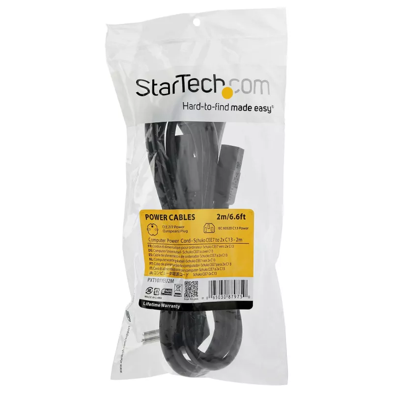 StarTech.com 2m (6 jalga) arvuti toite Y-juhe, 18AWG, EU Schuko kuni 2x C13, 10A 250V, must asendus vahelduvvoolu toitejuhe, printeri toitejuhe, arvuti toiteploki kaabel, monitori toitekaabel - UL loetletud