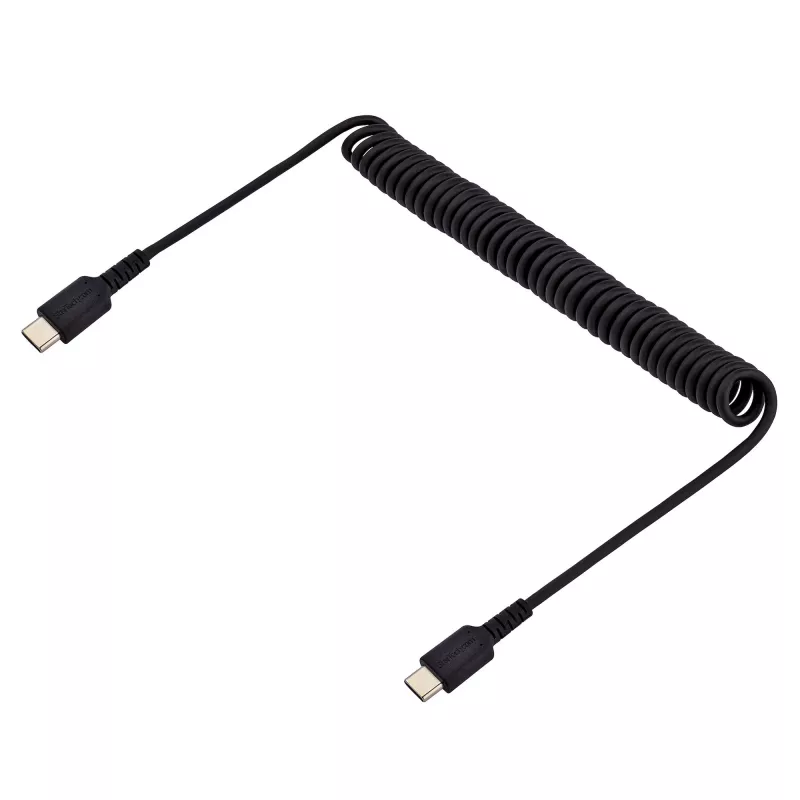 StarTech.com 3ft (1m) USB C Charging kaabel, Coiled Heavy Duty Fast Charge & Sync USB-C kaabel, USB 2.0 USB-C kaabel, Rugged Aramid Fiber, Durable Male to Male USB kaabel, Must