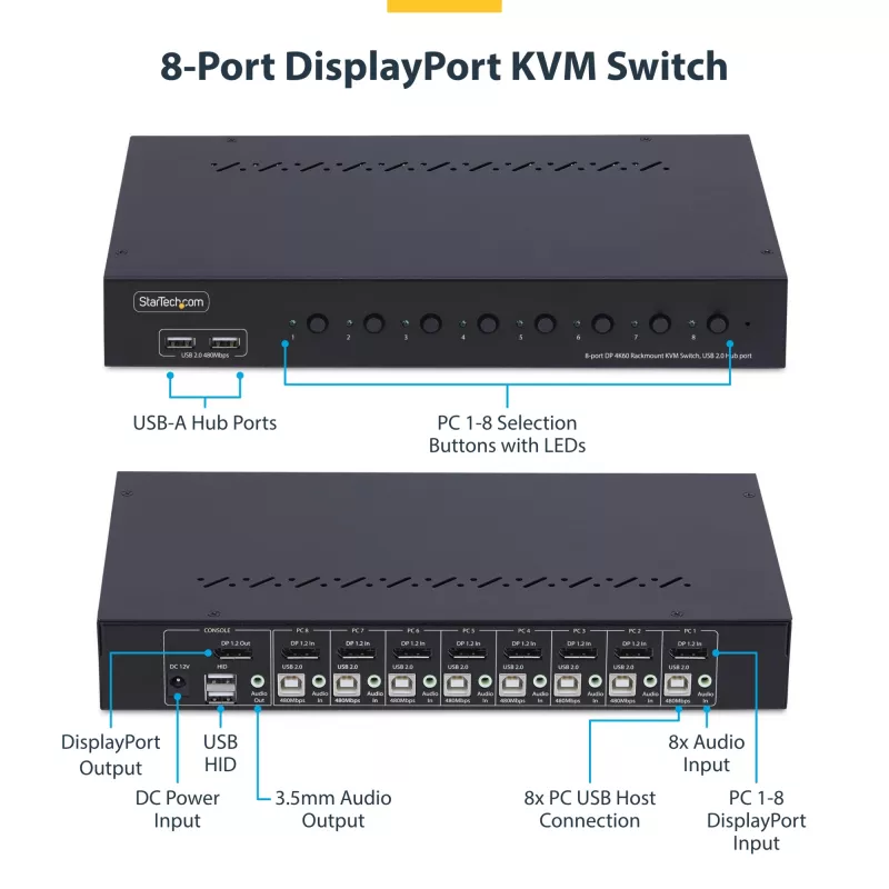 StarTech.com 8-pordiline DisplayPort KVM-lüliti 1U raami paigalduskomplektiga, 4K 60Hz DP 1.2, nupp- ja kiirklahvivahetus, 4-pordiline USB-jaotur, OS-sõltumatu, TAA-vastav
