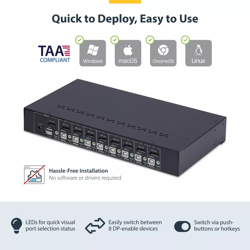 StarTech.com 8-pordiline DisplayPort KVM-lüliti 1U raami paigalduskomplektiga, 4K 60Hz DP 1.2, nupp- ja kiirklahvivahetus, 4-pordiline USB-jaotur, OS-sõltumatu, TAA-vastav