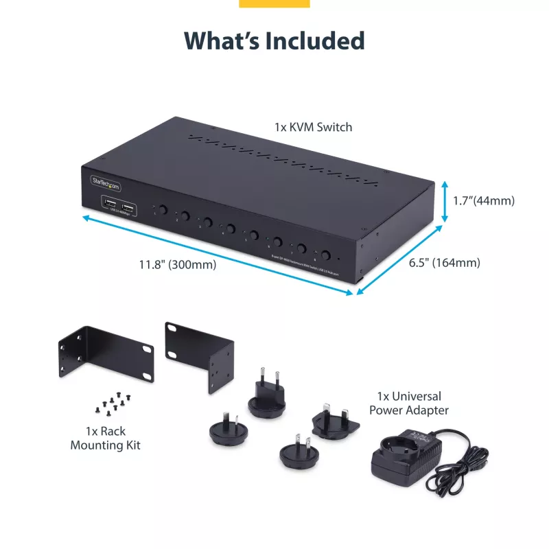 StarTech.com 8-pordiline DisplayPort KVM-lüliti 1U raami paigalduskomplektiga, 4K 60Hz DP 1.2, nupp- ja kiirklahvivahetus, 4-pordiline USB-jaotur, OS-sõltumatu, TAA-vastav