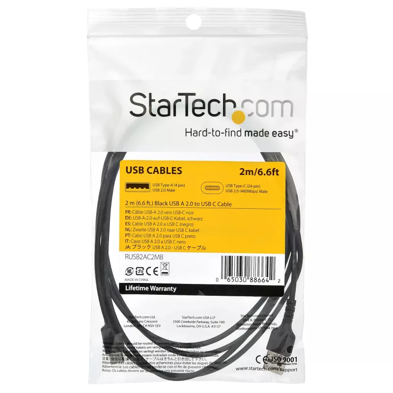StarTech.com 2m USB-A – USB-C laadimiskaabel – vastupidav kiirlaadimis- ja sünkroonimis-USB 2.0 – USB-C andmejuhe – tugev TPE-kate aramiidkiuga M/M 3A must – Samsung S10, iPad Pro, Pixel