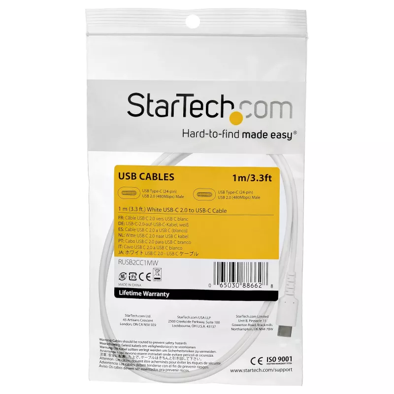 StarTech.com 1m USB C laadimiskaabel - Vastupidav kiirlaadimis- ja sünkroonimiskaabel USB 2.0 C-tüüp C-tüüpi sülearvuti laadimisjuhe - TPE mantel aramiidkiuga M/M 60W valge - Samsung S10 S20 iPad Pro MS Surface