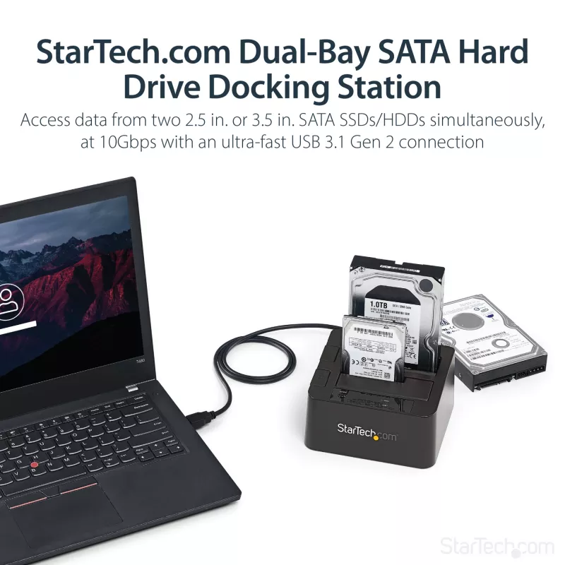 StarTech.com kahe pesaga USB 3.2 Gen 2 SATA-kõvaketta dokkimisjaam, USB 10Gbps kõvakettadokk, väline 2,5/3,5-tolline SATA I/II/III SSD/HDD dokkimisjaam, kuumvahetusega kõvakettapesa, pealtlaaditav