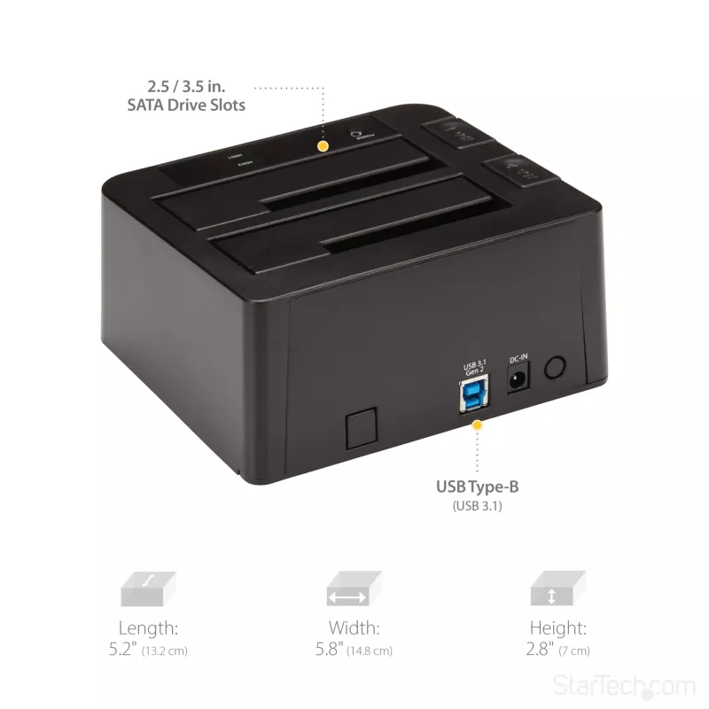 StarTech.com kahe pesaga USB 3.2 Gen 2 SATA-kõvaketta dokkimisjaam, USB 10Gbps kõvakettadokk, väline 2,5/3,5-tolline SATA I/II/III SSD/HDD dokkimisjaam, kuumvahetusega kõvakettapesa, pealtlaaditav