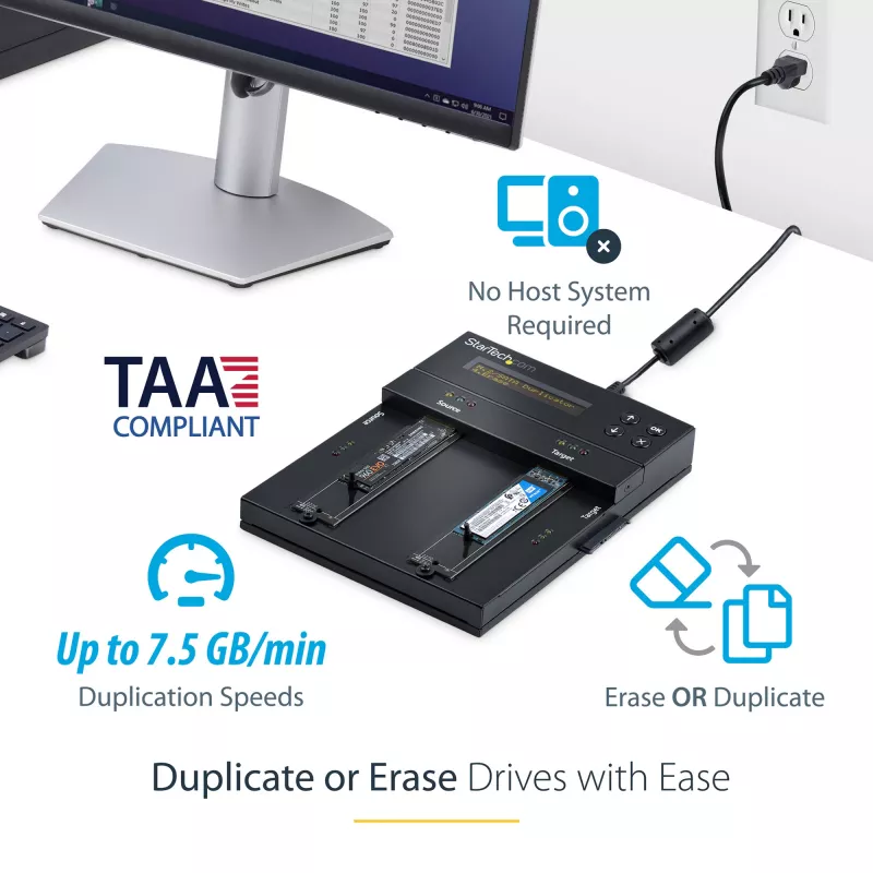 StarTech.com Eraldiseisev M.2 SATA ja M.2 NVMe duplikaator ja kustutaja – HDD/SSD kloonija/puhastaja M.2 PCIe AHCI/NVMe, M.2 SATA, 2,5/3,5-tolliste SATA-ketaste jaoks – väline kõvaketta kustutaja/duplikaator, TAA