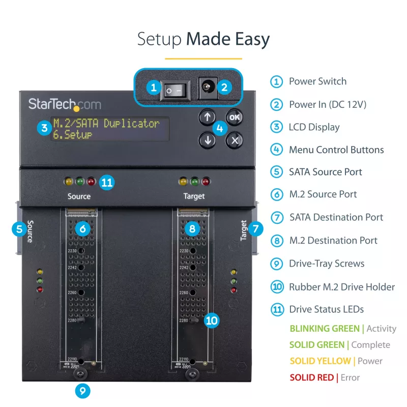 StarTech.com Eraldiseisev M.2 SATA ja M.2 NVMe duplikaator ja kustutaja – HDD/SSD kloonija/puhastaja M.2 PCIe AHCI/NVMe, M.2 SATA, 2,5/3,5-tolliste SATA-ketaste jaoks – väline kõvaketta kustutaja/duplikaator, TAA