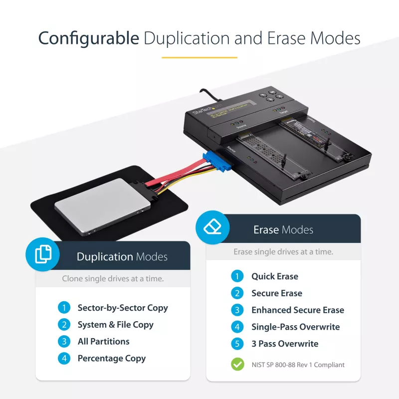 StarTech.com Eraldiseisev M.2 SATA ja M.2 NVMe duplikaator ja kustutaja – HDD/SSD kloonija/puhastaja M.2 PCIe AHCI/NVMe, M.2 SATA, 2,5/3,5-tolliste SATA-ketaste jaoks – väline kõvaketta kustutaja/duplikaator, TAA