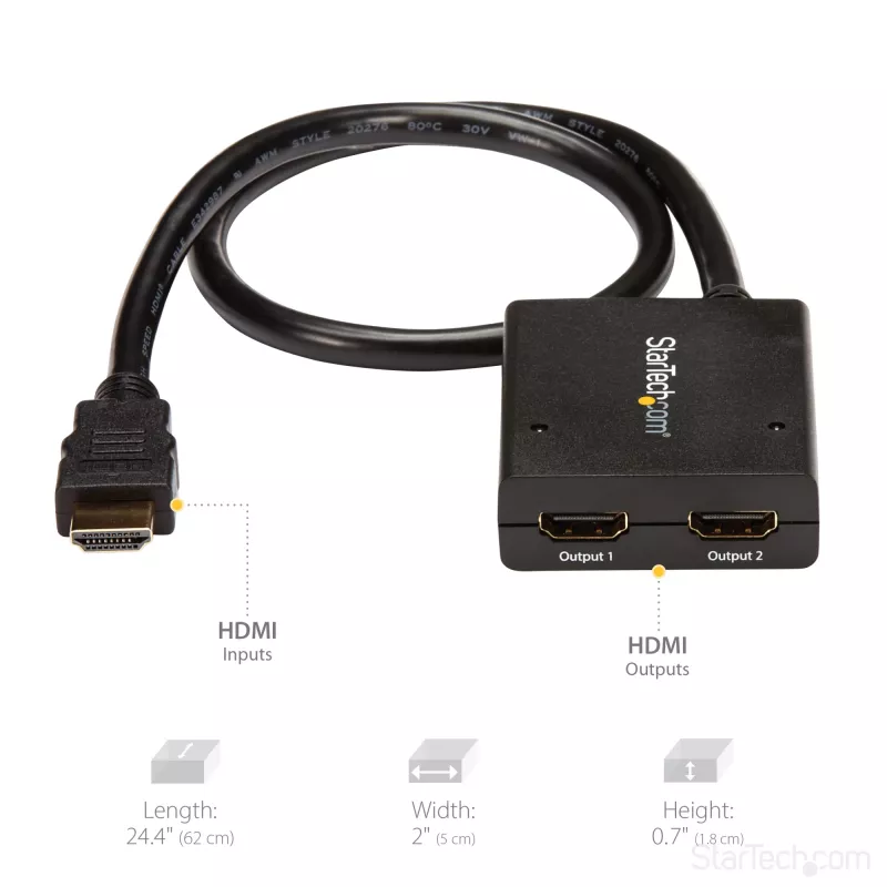 StarTech.com 4K HDMI 2-pordiline videopistik – 1x2 HDMI jaotur – toide USB või toiteadapteri kaudu – 4K 30 Hz