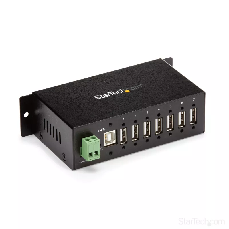 StarTech.com 7-pordiline USB 2.0 jaotur - tööstuslik metallist USB-A jaotur ESD-kaitse ja 350 W liigpingekaitsega - DIN-siini, seina- või lauakinnitus - TAA vastav USB laiendusjaotur