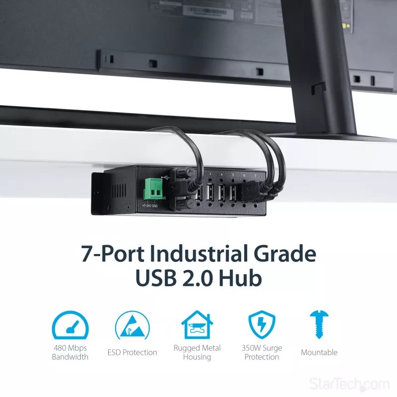 StarTech.com 7-pordiline USB 2.0 jaotur - tööstuslik metallist USB-A jaotur ESD-kaitse ja 350 W liigpingekaitsega - DIN-siini, seina- või lauakinnitus - TAA vastav USB laiendusjaotur