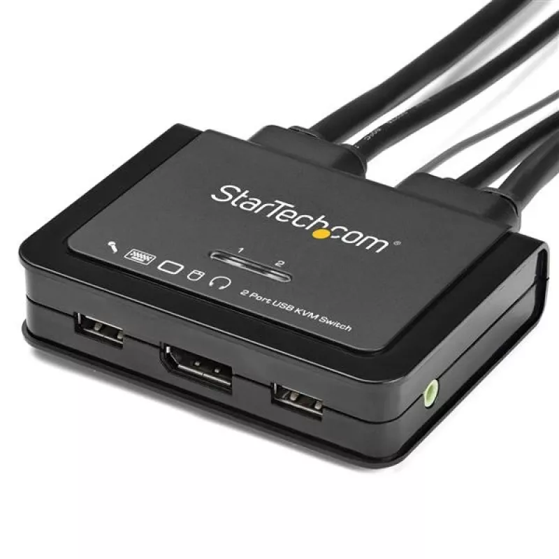 StarTech.com 2-pordiline DisplayPort KVM-lüliti - 4K 60Hz - kompaktne kahepordiline UHD DP 1.2 USB lauaarvuti KVM-lüliti 1,2 m kaablite ja heliga - siinitoiteline ja kauglülitusega - MacBook ThinkPad