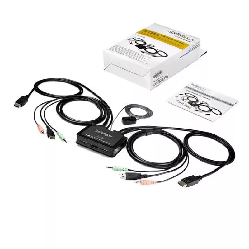 StarTech.com 2-pordiline DisplayPort KVM-lüliti - 4K 60Hz - kompaktne kahepordiline UHD DP 1.2 USB lauaarvuti KVM-lüliti 1,2 m kaablite ja heliga - siinitoiteline ja kauglülitusega - MacBook ThinkPad