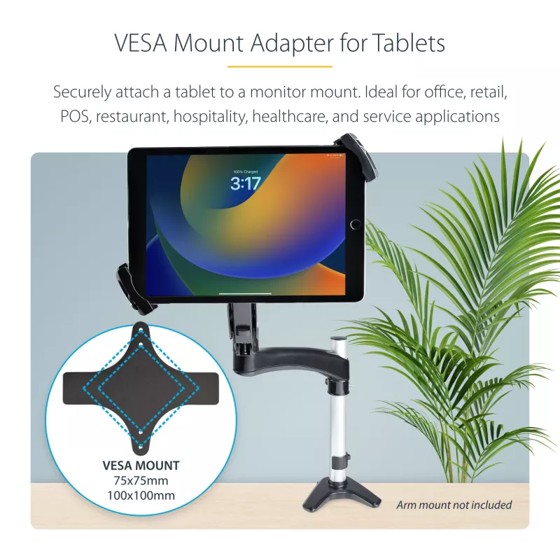 StarTech.com VESA kinnitusadapter tahvelarvutitele 7,9–12,5 tolli – kuni 2 kg (4,4 naela) – 75x75/100x100 VESA mustrid – universaalne varguskindel tahvelarvuti VESA kinnitusklamber – turvaline tahvelarvuti kinnitus – must