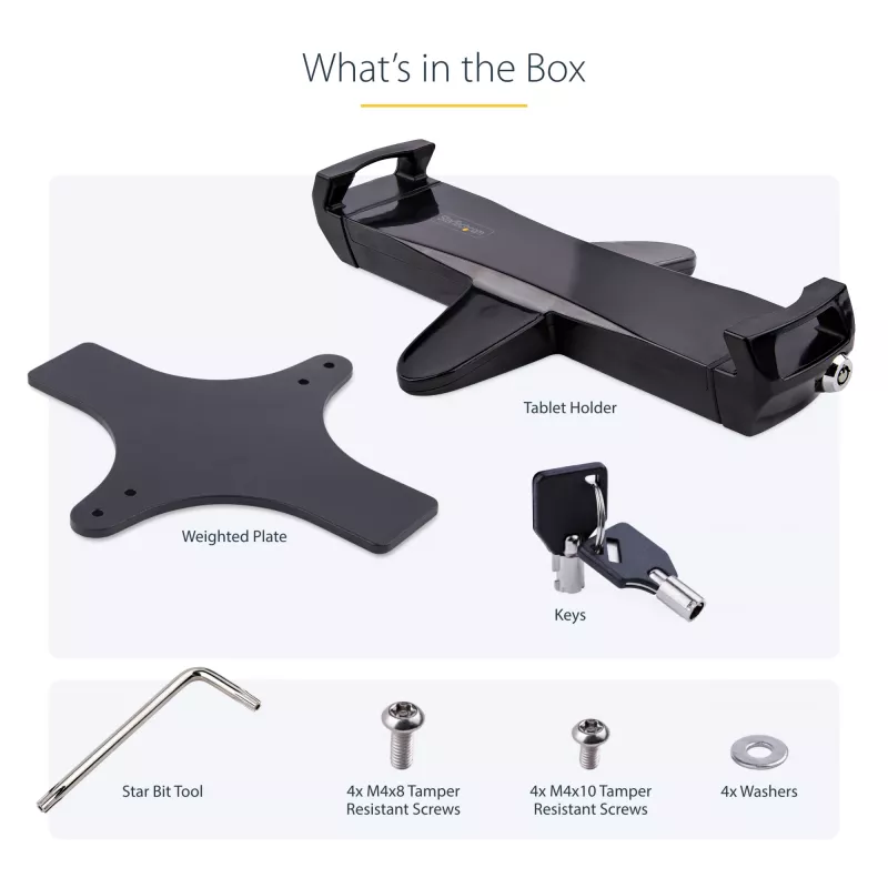 StarTech.com VESA kinnitusadapter tahvelarvutitele 7,9–12,5 tolli – kuni 2 kg (4,4 naela) – 75x75/100x100 VESA mustrid – universaalne varguskindel tahvelarvuti VESA kinnitusklamber – turvaline tahvelarvuti kinnitus – must