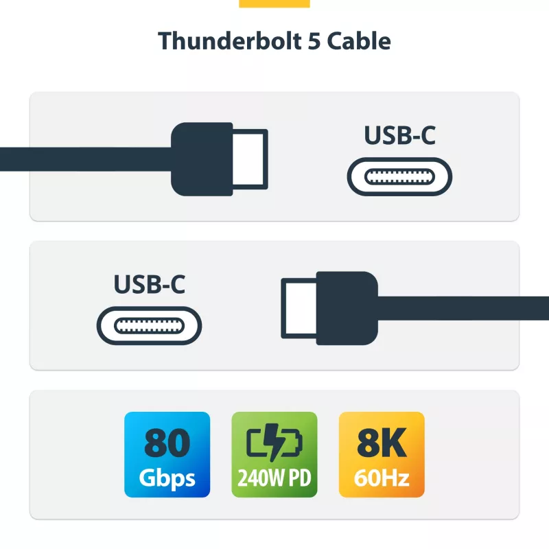 StarTech.com 3ft (1m) Thunderbolt 5 kaabel, 80 Gbps/kuni 120 Gbps, 240 W PD, 8K 60 Hz, sertifitseeritud Thunderbolt-kaabel – ühildub Thunderbolt 4/USB4/USB-C-ga