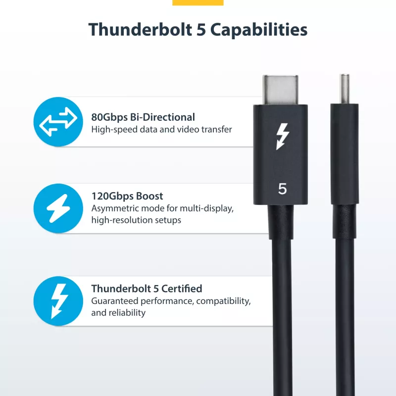 StarTech.com 3ft (1m) Thunderbolt 5 kaabel, 80 Gbps/kuni 120 Gbps, 240 W PD, 8K 60 Hz, sertifitseeritud Thunderbolt-kaabel – ühildub Thunderbolt 4/USB4/USB-C-ga