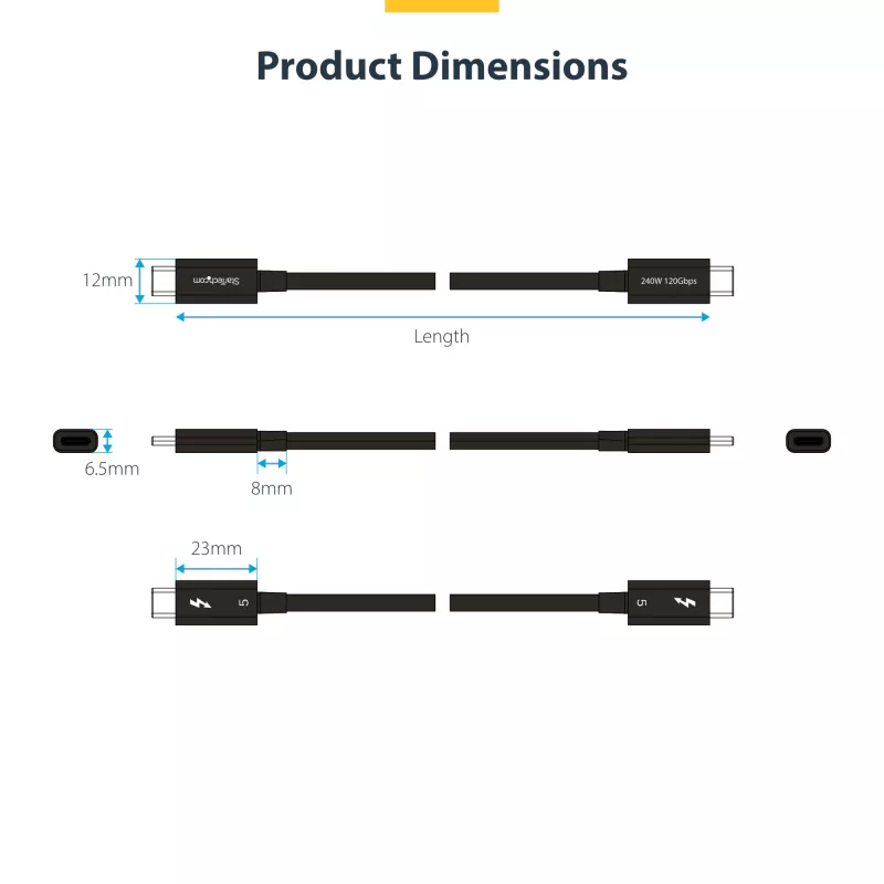 StarTech.com 3ft (1m) Thunderbolt 5 kaabel, 80 Gbps/kuni 120 Gbps, 240 W PD, 8K 60 Hz, sertifitseeritud Thunderbolt-kaabel – ühildub Thunderbolt 4/USB4/USB-C-ga