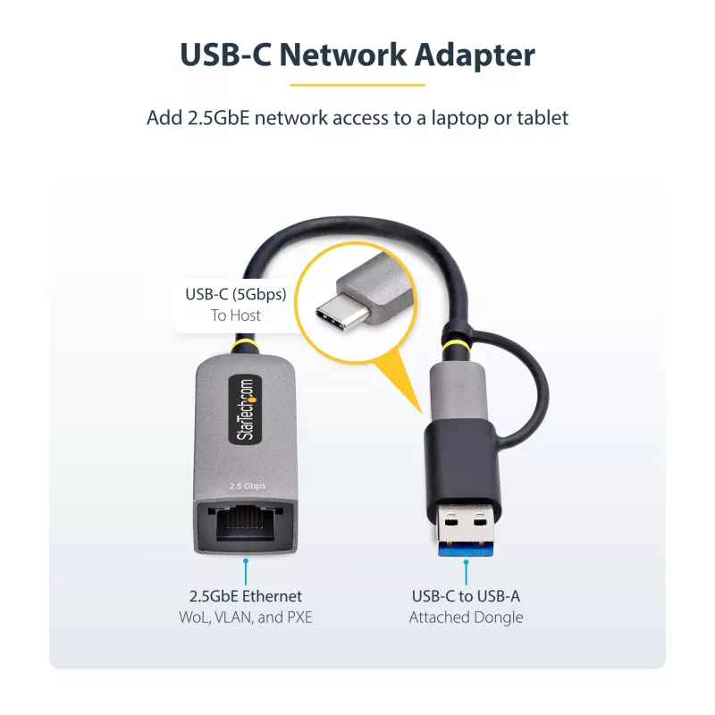 StarTech.com 2.5GbE USB-C–Etherneti adapter USB-A-muunduriga, NBASE-T NIC, USB 3.0 USB-C 2.5/1G mitme kiirusega võrk, Thunderbolti ühilduv, Windows ja Mac