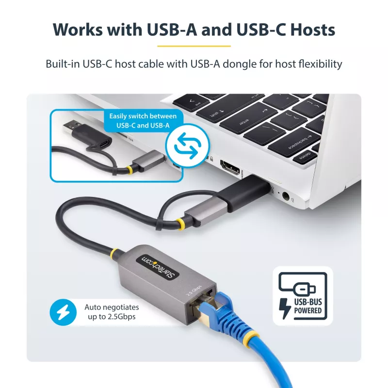 StarTech.com 2.5GbE USB-C–Etherneti adapter USB-A-muunduriga, NBASE-T NIC, USB 3.0 USB-C 2.5/1G mitme kiirusega võrk, Thunderbolti ühilduv, Windows ja Mac