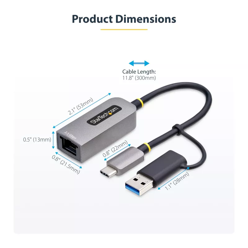 StarTech.com 2.5GbE USB-C–Etherneti adapter USB-A-muunduriga, NBASE-T NIC, USB 3.0 USB-C 2.5/1G mitme kiirusega võrk, Thunderbolti ühilduv, Windows ja Mac