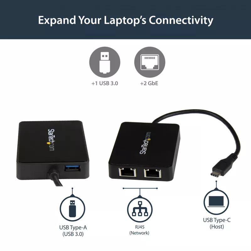 StarTech.com USB-C – kahe Gigabit Etherneti ja USB (tüüp-A) pordiga adapter