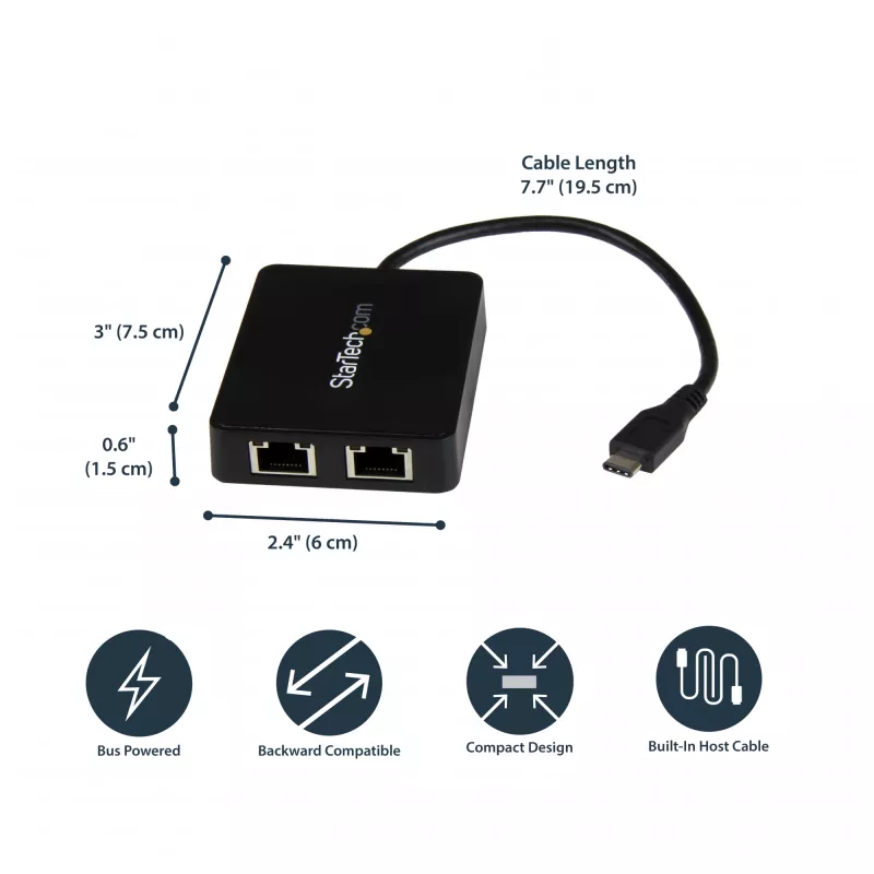 StarTech.com USB-C – kahe Gigabit Etherneti ja USB (tüüp-A) pordiga adapter