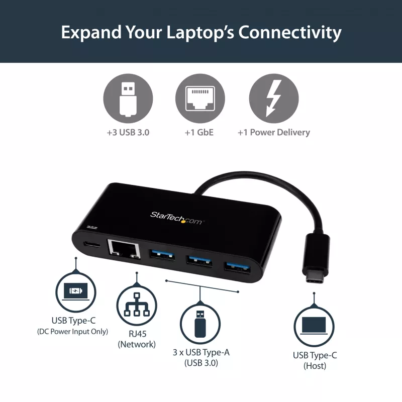 StarTech.com USB-C Etherneti adapter 3-pordilise USB 3.0 jaoturi ja toiteedastusega