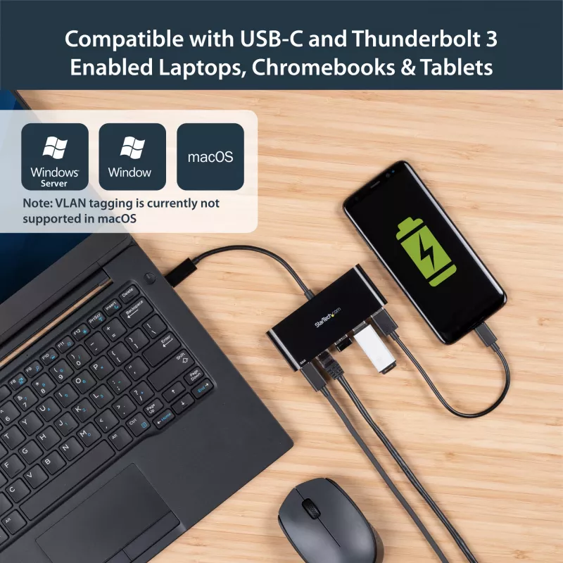 StarTech.com USB-C Etherneti adapter 3-pordilise USB 3.0 jaoturi ja toiteedastusega