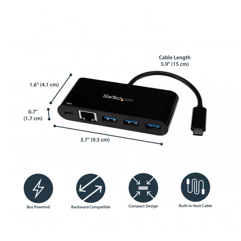 StarTech.com USB-C Etherneti adapter 3-pordilise USB 3.0 jaoturi ja toiteedastusega