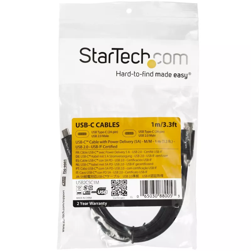 StarTech.com USB-C to USB-C kaabel w/ 5A PD - M/M - 1 m (3 ft.) - USB 2.0 - USB-IF Certified