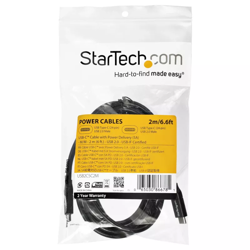 StarTech.com USB-C–USB-C kaabel, 5A PD – isane/isane – 2 m – USB 2.0 – USB-IF sertifitseeritud